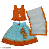 Pink chanderi cotton and net lengha with embellished mirror work for kids, ages 12 months to 8 years
