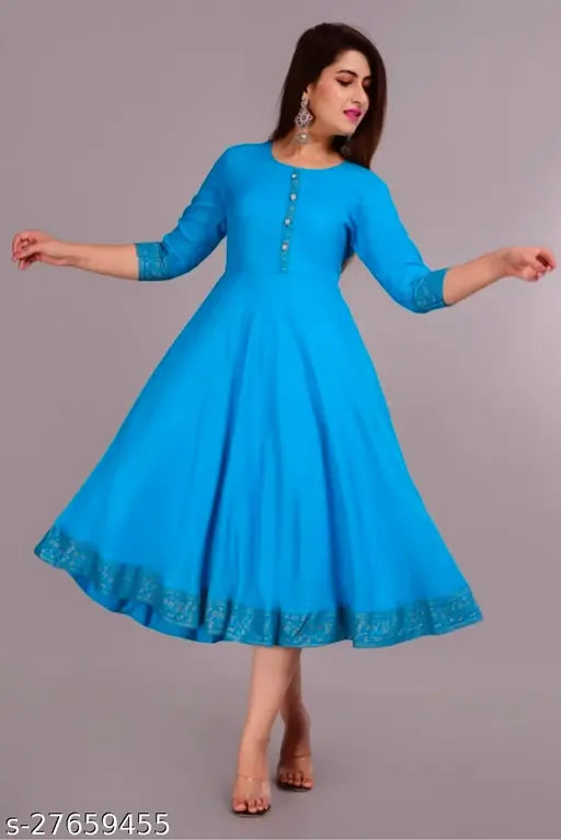 Gold border print kurta, long sleeves, blue fabric