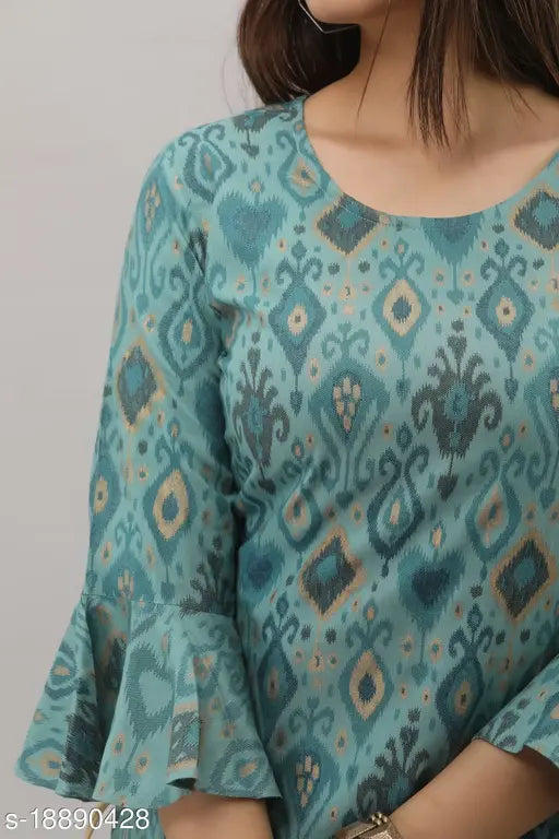 Royal blue rayon printed kurta sharara set, embroidered borders