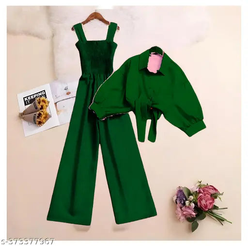 Crepe, long sleeve solid color synchronized style top and bottom combo jumpsuit, perfect for any occasion