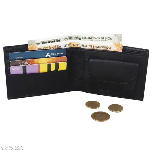 Attractive black PU wallet with 2 compartments, perfect for men's essentials. Imported leather, matte finish, and stitching detail. Made by Royal Craft, India