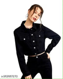 Black denim women's jacket, solid design, long sleeves, size S (34in bust, 18in length)