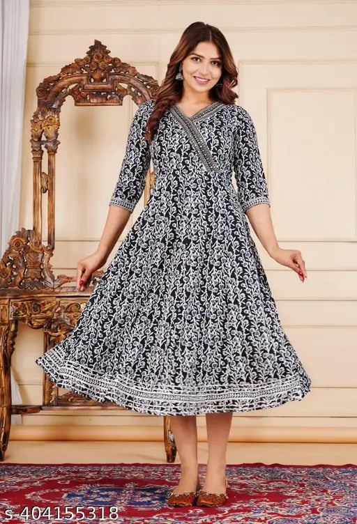 Black and white embroidered anarkali kurta, full length, short sleeves