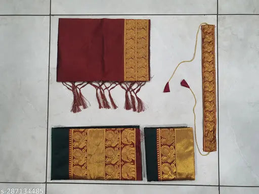 Traditional art silk half saree, South Indian style with zari work in unstitched set (Lehenga: 3.75M, Blouse: 0.8M, Dupatta: 2.5M), beautifully tussled and includes belt. Indian craftsmanship, best quality fabric