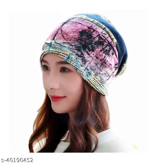 Pink printed ponytail beanie, winter cap, bandana, skull beanie, stylish hat, warm knitted cap for women