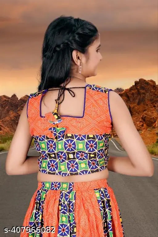 Orange cotton-blend printed lehenga choli and dupatta set for girls, Indian party wear
