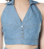 Denim halter neck crop top, solid-colored enzyme washed denim, sleeveless style, perfect for modern fashion