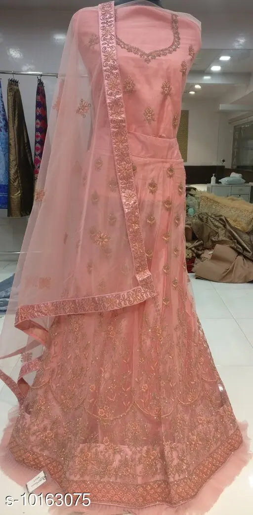 Stylish unstitched net lehenga choli set with embroidered dupattas, Indian women's traditional wear
