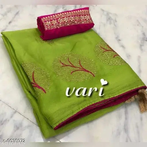 Designer moss chiffon saree, embroidered blouse on separate silk piece, Indian free-size saree