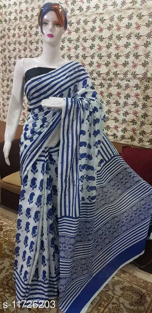Beautiful Cotton Blue and White Multi Color Long Mulmul Saree with Paisley Print