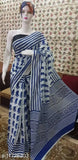 Beautiful Cotton Blue and White Multi Color Long Mulmul Saree with Paisley Print