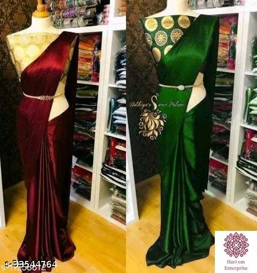 Maroon satin saree with a belt