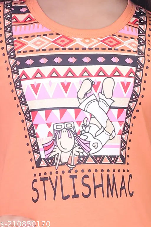 Orange and black patterned dress, short sleeves, likely cotton or silk