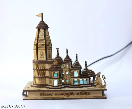 Haridwar Divine Spiritual Gifts LED Light Ram Mandir Wood - Indian wooden model of Shree Ram Ayodhya Mandir for home decor or car dashboard, L-15cm, B-9cm, H-17cm