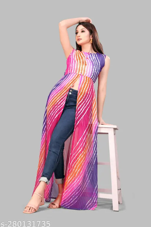 Georgette striped crepe lather work printed kurti, size S-8XL (multi-color lining, sleeveless, made in India)