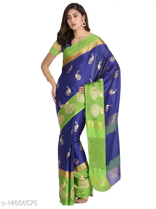 Blue and gold cotton silk foil print saree with tassels