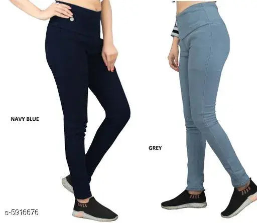 Denim skinny fit stretchable high waist ankle length jeggings for women, solid navyblue-grey, pack of 2 (size 28, 30, 34, 38)