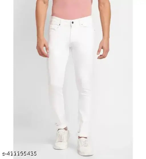 Maximum comfort white denim jeans for men and boys, stretchable style with solid pattern