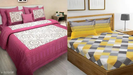 Jaipuri cotton double bed sheets combo pack, featuring 4 pillow covers, high-quality 160 thread count, Indian-made