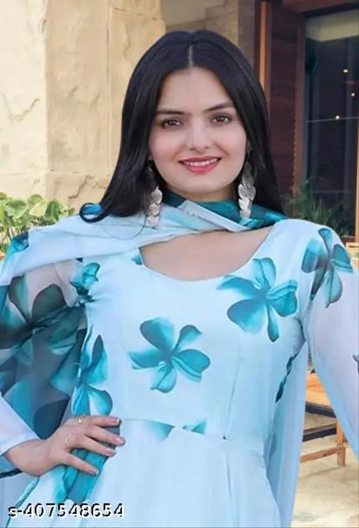 Light blue georgette anarkali kurta dress with dupatta - Indian ethnic wear for women, festive and casual events