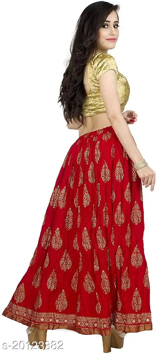 Traditional rayon ethnic skirt, printed net design, DIAMO Indian long skirt on mannequin
