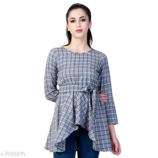Grey checked cotton top, three-quarter sleeves, women's casual wear from India