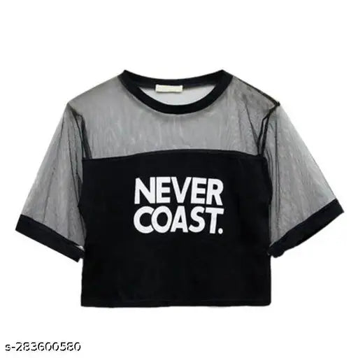 Black cotton crop top, round neck, short sleeves, Never Coast print with net fabric detail - women's fashion