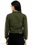 Dark green denim Mehandi jacket for women, solid pattern, long sleeves, sizes S-XL, Made in India