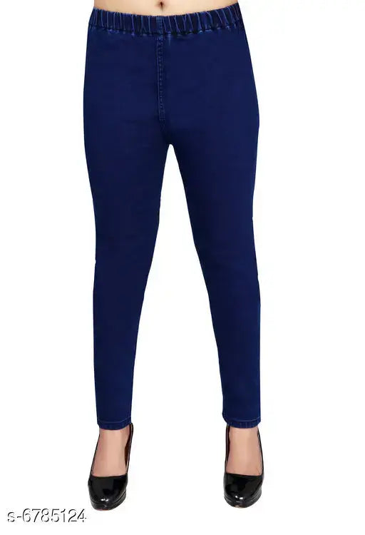 Trendy denim jeggings, solid-colored, machine washable, elastic closure, comfortable party wear, quality fabric