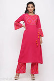 Women's cotton blend A-line printed long kurti with palazzos - vibrant, three-quarter sleeve Indian outfit on display