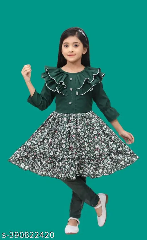 Printed crepe kids girls frock with leggings set, three-quarter sleeves, knee length - Indian party wear for girls aged 4-11 years
