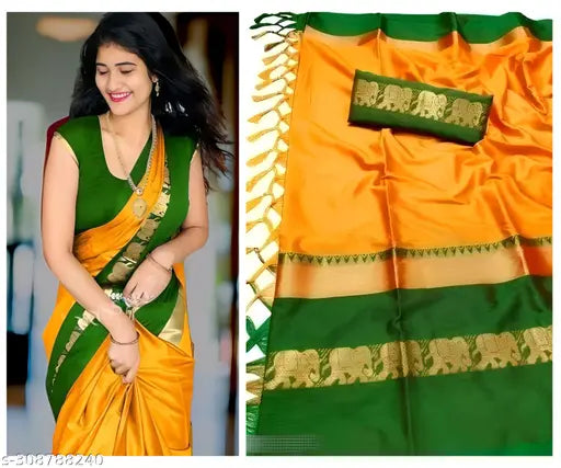 Golden green traditional cotton silk saree with intricate embroidery and rich patterns, perfect for festivals and weddings