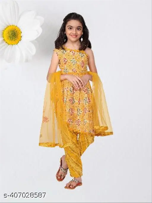 Cotton printed A-line girls' Srug Kurta set with dupatta and trousers bottom, knee-length and sleeveless, for ages 4-5 to 13-14 years, Indian origin