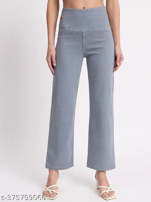Solid grey denim straight fit stretchable high waist jeggings for women, elastic closer with black denim contrast detail
