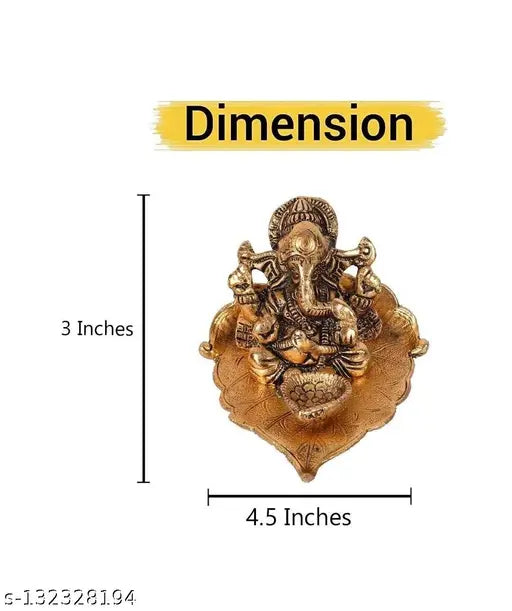 Metal Ganesh ji sculpture on leaf with diya idol, Indian home decor, Diwali gift (12cm x 8cm)