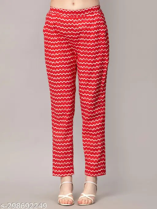 Red cotton co-ords set: printed top & trousers with pockets, v-neck, three-quarter sleeves, button closure, belted waist, red color, 100% cotton