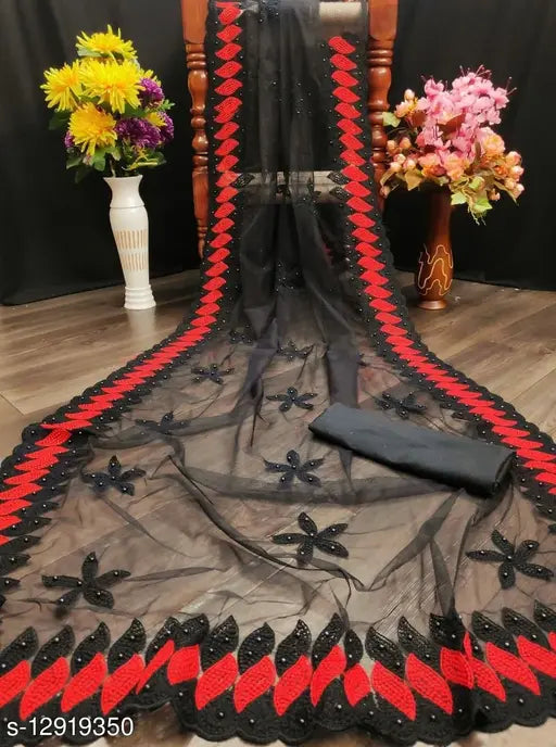 Embroidered net saree with solid satin running blouse, free size, Indian origin