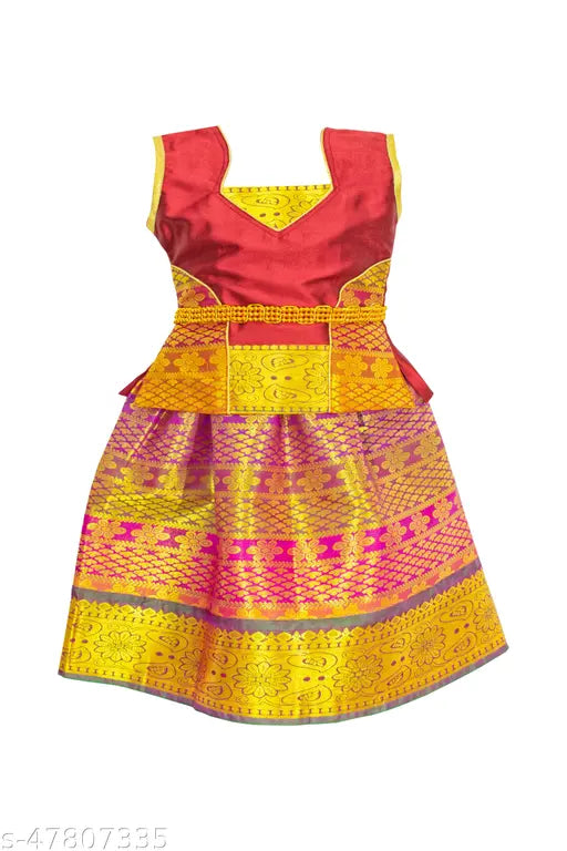 Art Silk Lehenga Choli with Waist Belt, self-design Leheriya pattern, celebrating Indian tradition for girls aged 0-8 years