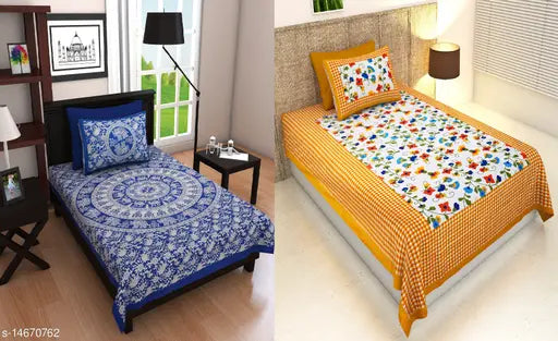 Blue hathi and yellow checkmate cotton pillow covers, pack of 2 for home decor, India origin