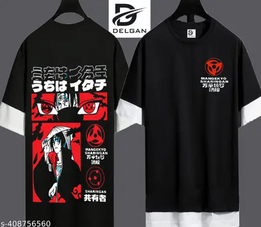 Oversized black cotton blend men's trendy graphic print T-shirt, three-quarter sleeves, China design