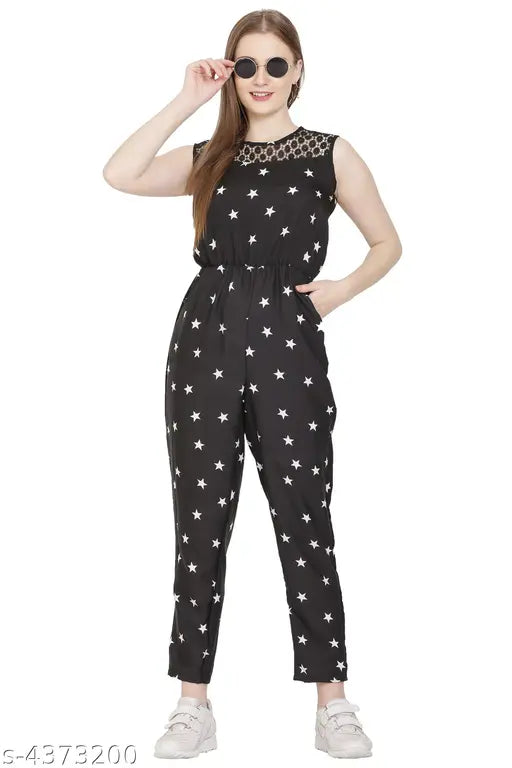 Sleeveless printed net poly crepe women's jumpsuit, vibrant design, size L/XL from India