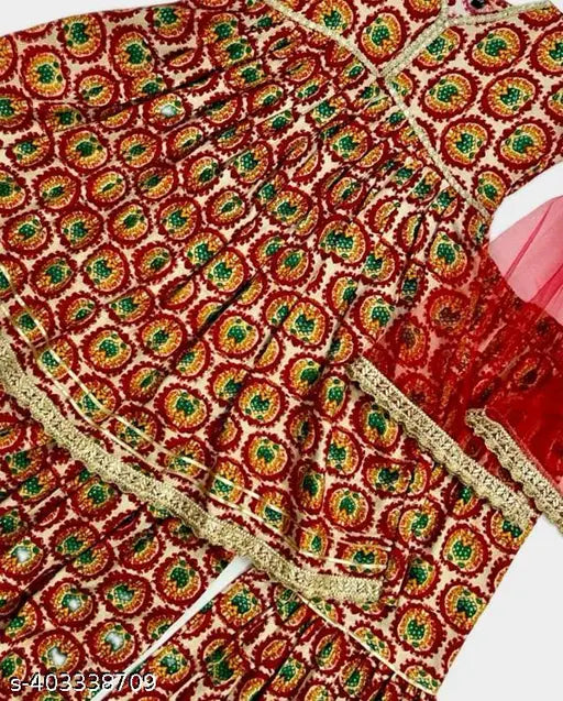 Red rayon kurti garara dupatta set for girls, A-line shape with three-quarter sleeves and net dupatta. Indian party wear for children's events like Diwali or Holi