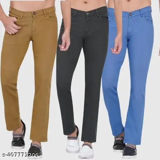 Skinny fit mid rise solid stretchable cotton blend jeans for men (pack of 3), ideal for modern looks with t-shirts and shirts. Available in sizes 28, 30, 36 (waist: 28/30/36, length: 32in) from India