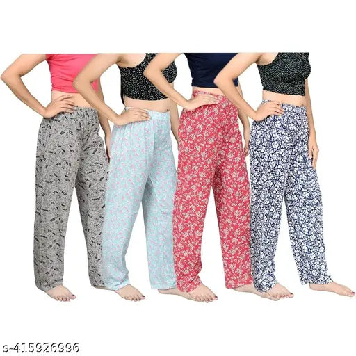 Track pants, cotton, safi print, women's, full-length, lower fully stretchable, nightwear, pajamas for sleep, soft, pyjamas for women, lounge wear, assorted prints, 4 piece set