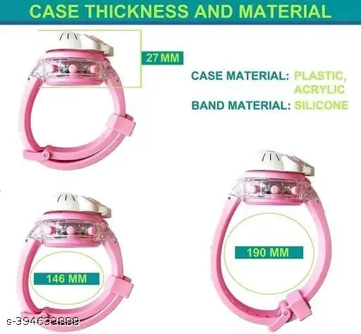Pink digital watch, adjustable wrist strap, light up display, built-in speaker and microphone, silicone strap, for kids, music player compatibility