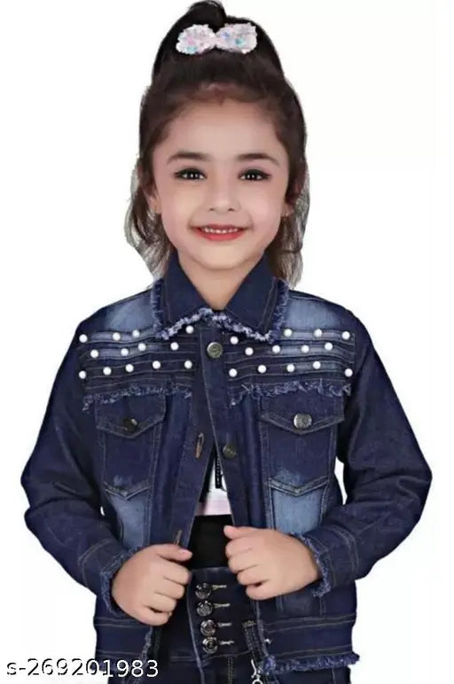 Dark denim jacket with silver buttons and embroidery on front, kids' fashion, dark wash