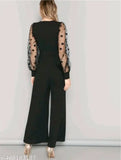 Black Lycra V-neck jumpsuit with sheer star print sleeves, ideal for parties or special occasions, available in M, L, XL, XXL