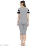 Grey colorblocked cotton blend women's capri nightsuit, 100% combed cotton for richness and comfort