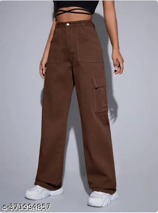 Brown cargo pants, wide leg style, with six pockets