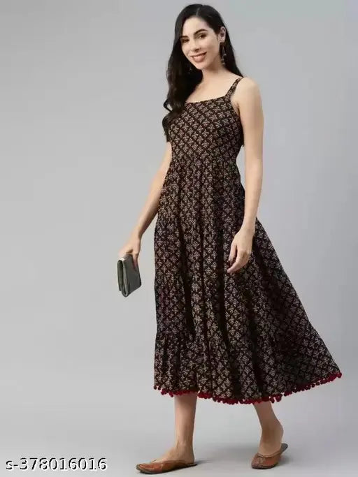 Black-red printed rayon sleeveless dress, vibrant combo design, women's fashion from India